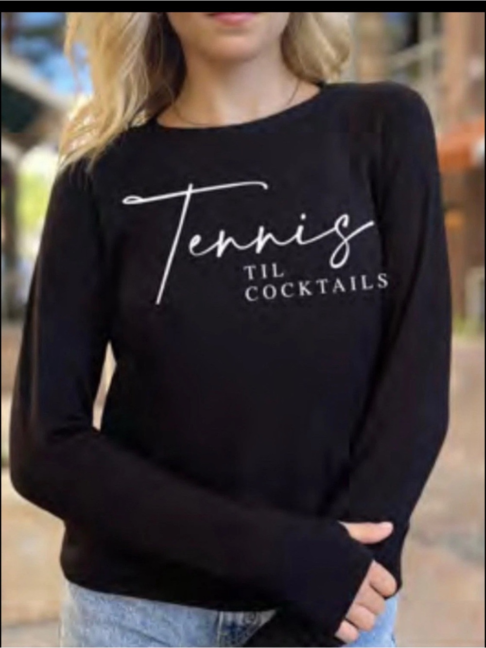 Bird & Vine long-sleeve top featuring the fun TENNIS TIL COCKTAILS saying